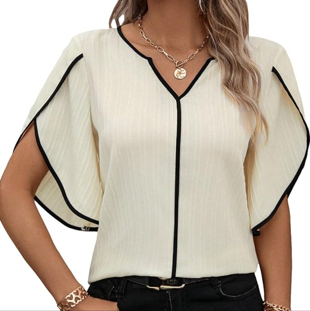 Verdusa Women's Casual Notched Neck, Petal Half Sleeve Blouse NWT Size M